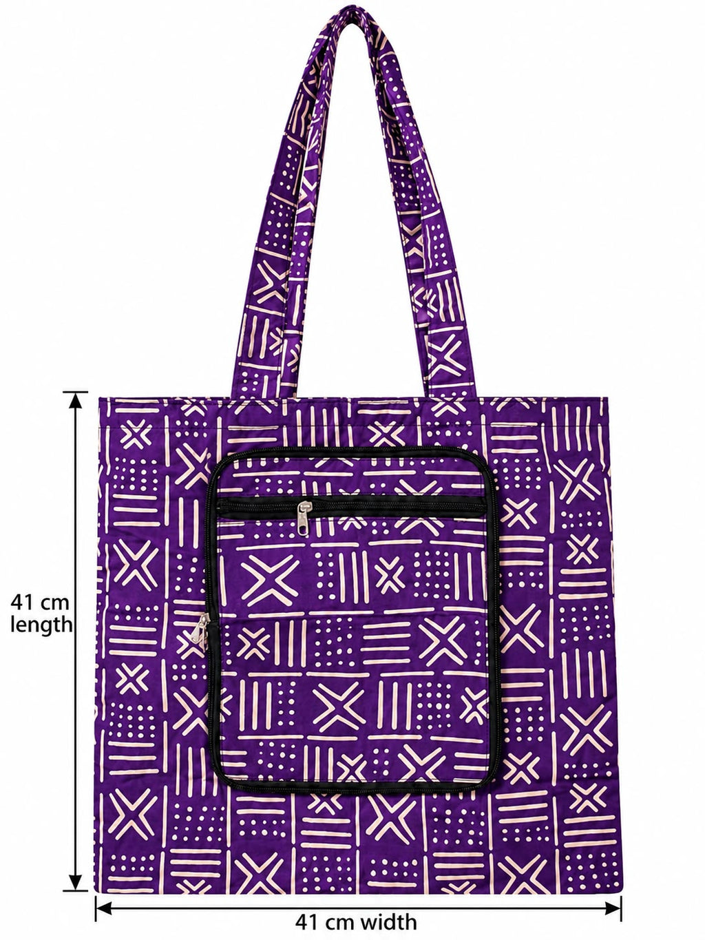 Kumasi Purple shopping bag measuring 41 cm wide and 41 cm tall excluding handles