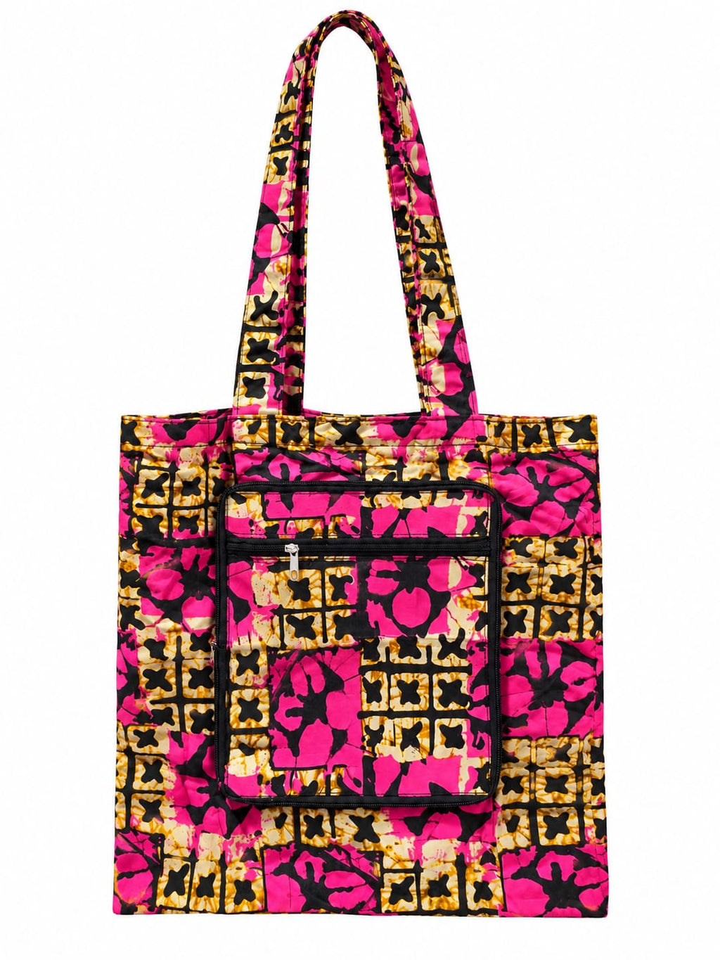 Akosua Rose African-print shopping bag in pink, gold and black with long handles and a zipped front pocket