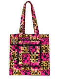 Akosua Rose African-print shopping bag in pink, gold and black with long handles and a zipped front pocket