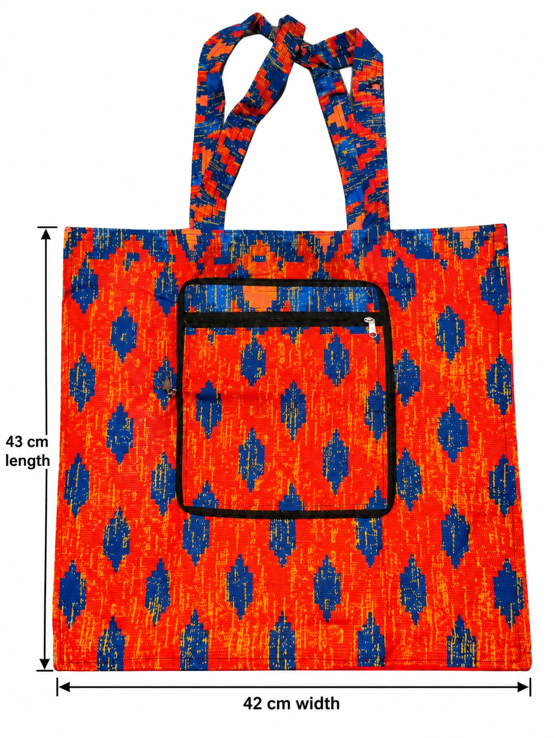 Accra Sunset shopping bag measuring 42 cm wide and 43 cm tall excluding handles