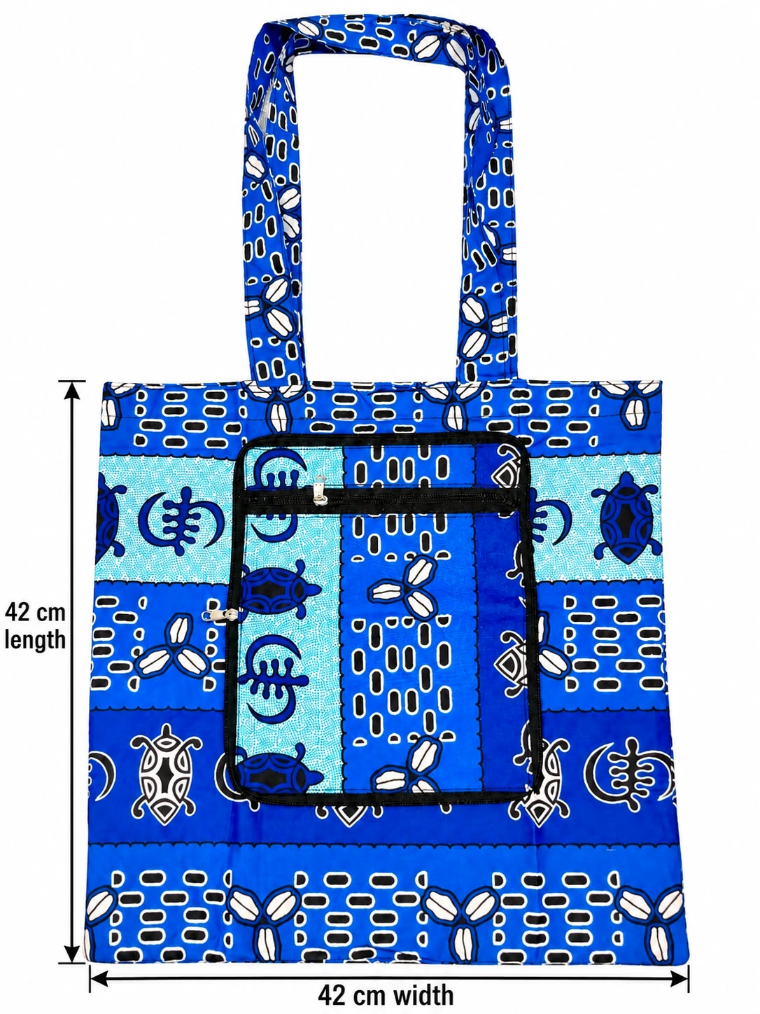Adinkra Ocean shopping bag measuring 42 cm wide and 42 cm tall excluding handles