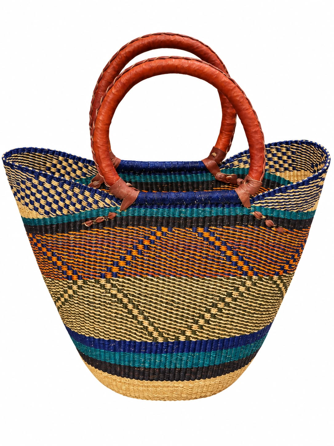 Asha Gold large African basket in golden elephant grass with black woven trim on the wavy rim