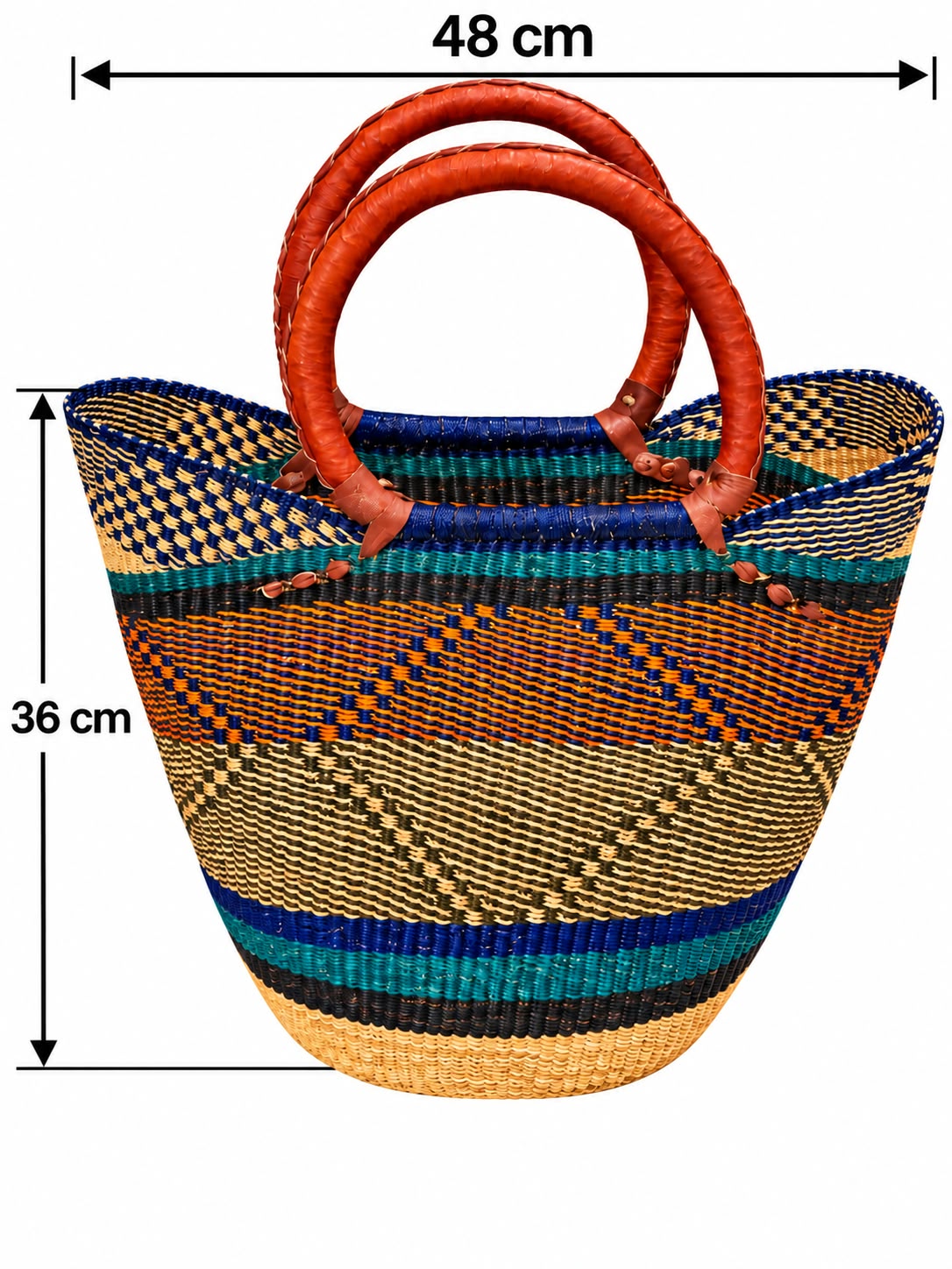 Asha Gold large African basket with dimensions, 50cm wide by 31cm tall