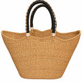 Kente Harvest large African basket with blue, orange and gold woven bands and leather handles