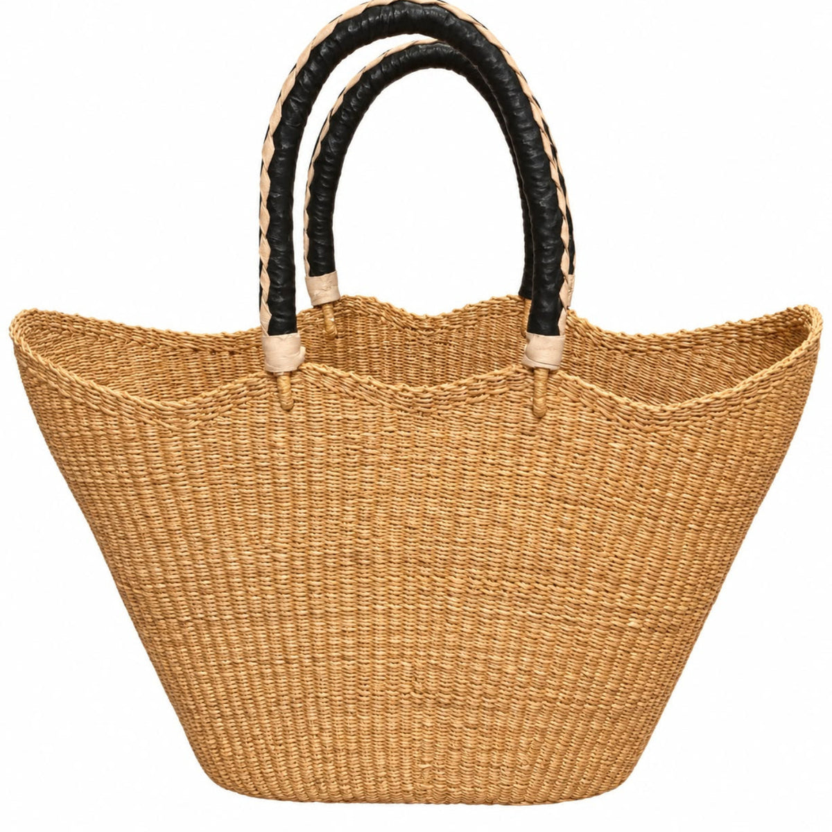 Kente Harvest large African basket with blue, orange and gold woven bands and leather handles