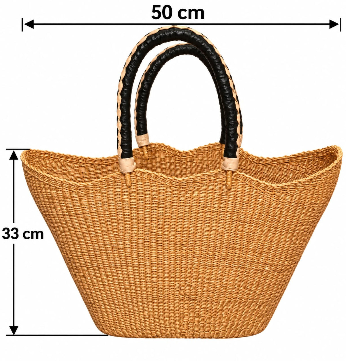 Kente Harvest large African basket with dimensions, 48cm wide by 36cm tall