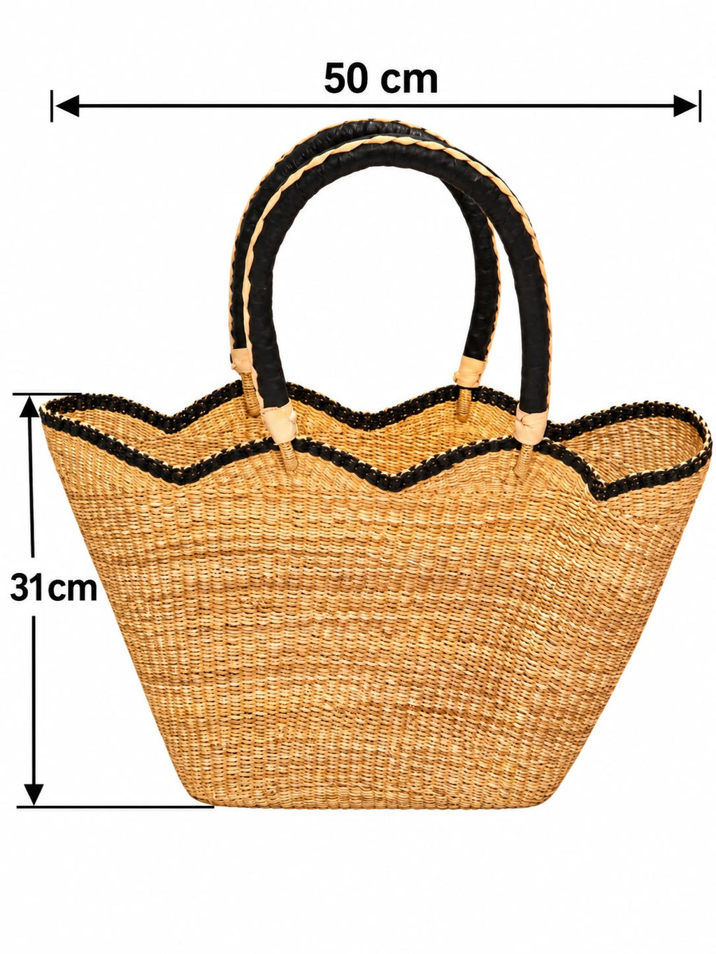 Bolga Dawn large African basket with dimensions, 50cm wide by 33cm tall