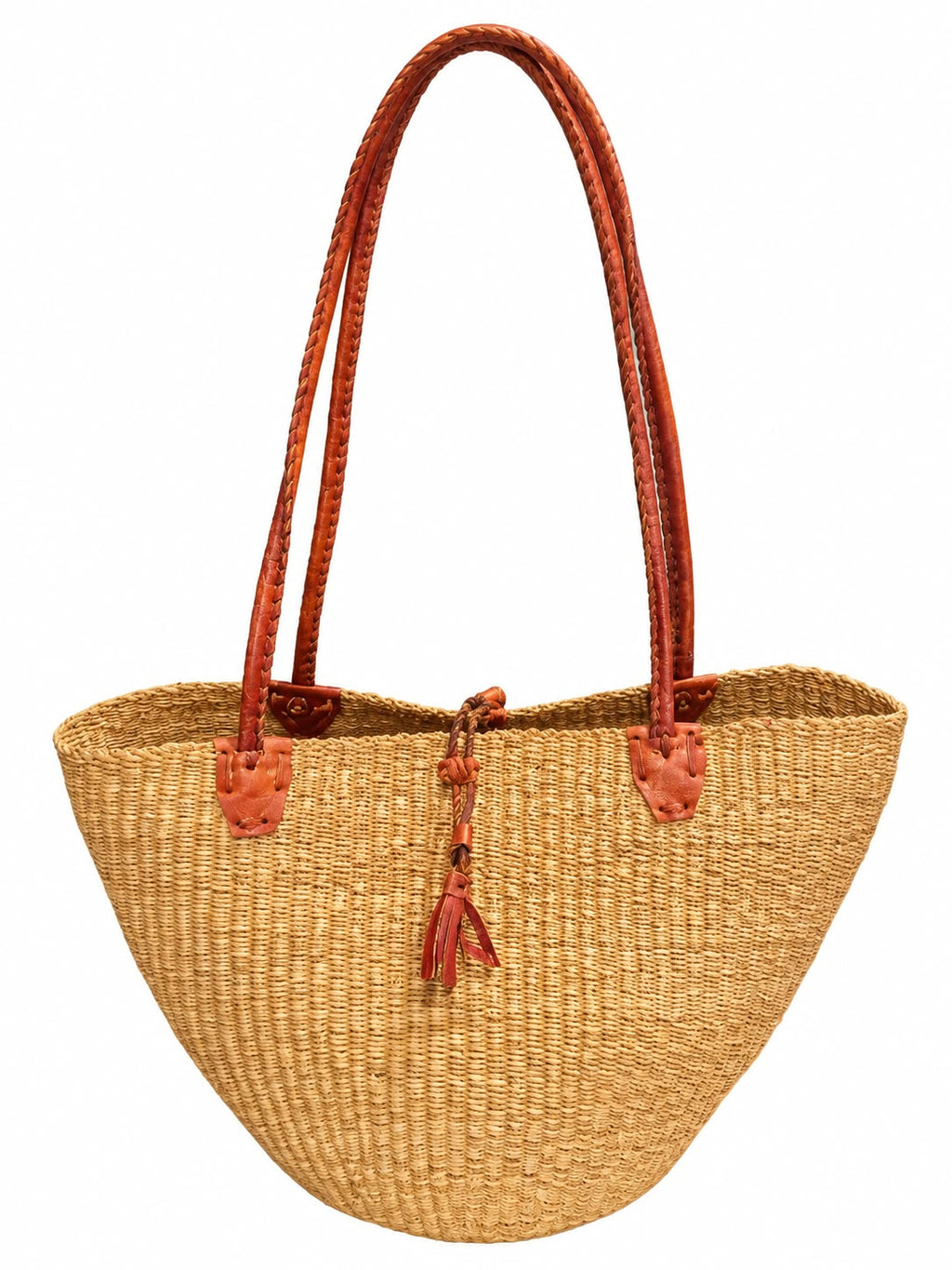 Aburi Breeze medium African basket in golden grass with terracotta braided leather handles and tassel