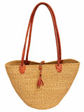 Aburi Breeze medium African basket in golden grass with terracotta braided leather handles and tassel