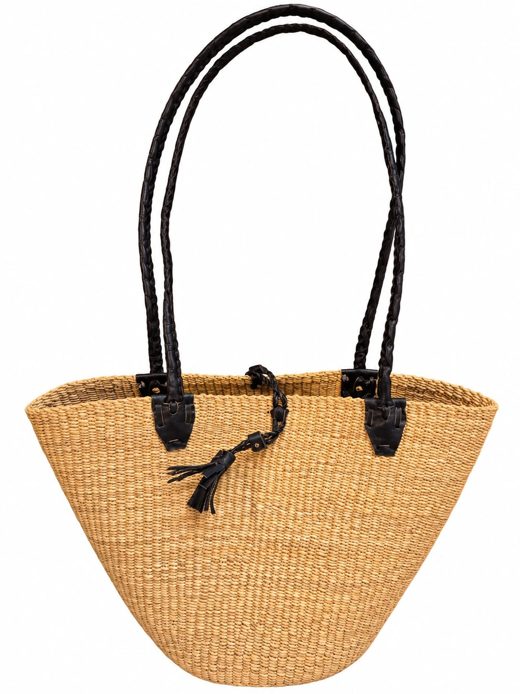 Golden Simplicity woven African basket with long black handles