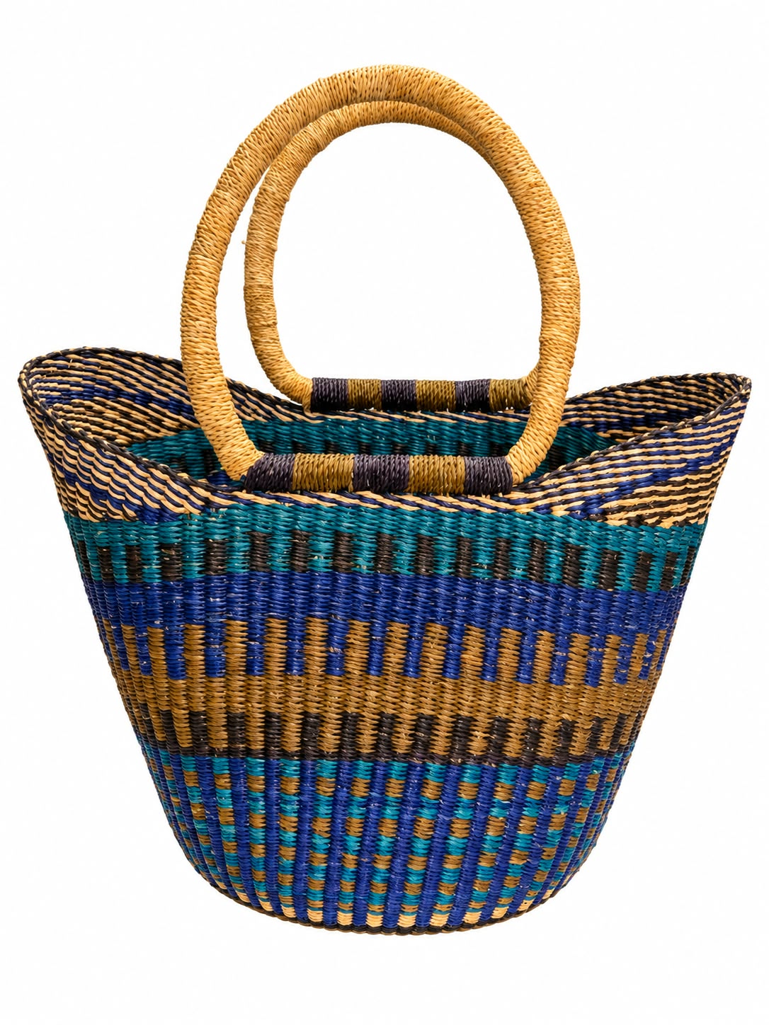 Handmade African medium basket Keta Lagoon in blue, teal and orange stripes