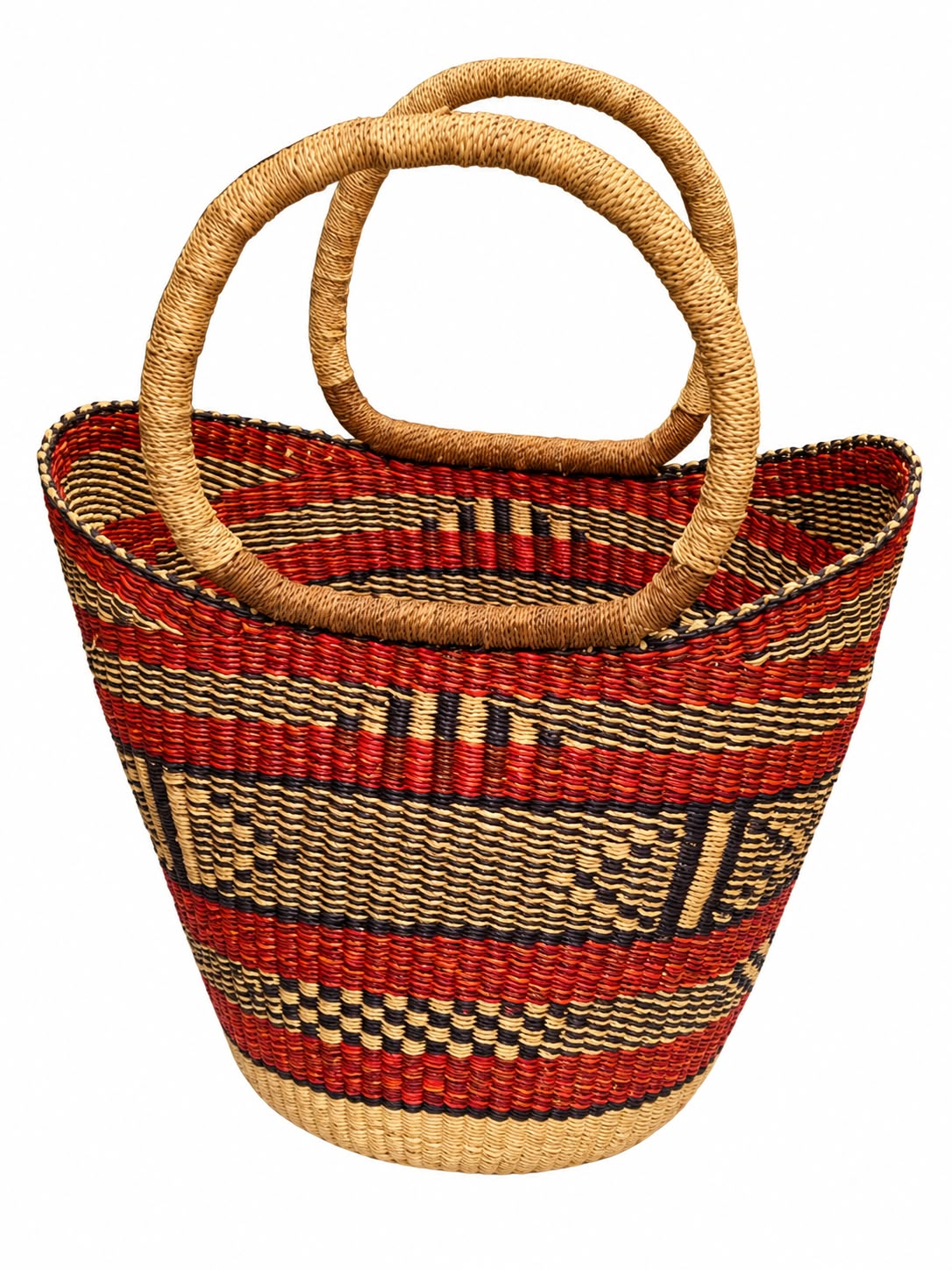 Handmade African medium basket Ashanti Ember in red, black and cream geometric weave