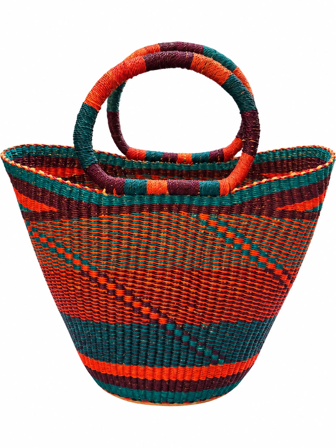Handmade African medium basket Ada Foah Sunset in teal, orange and deep maroon weave