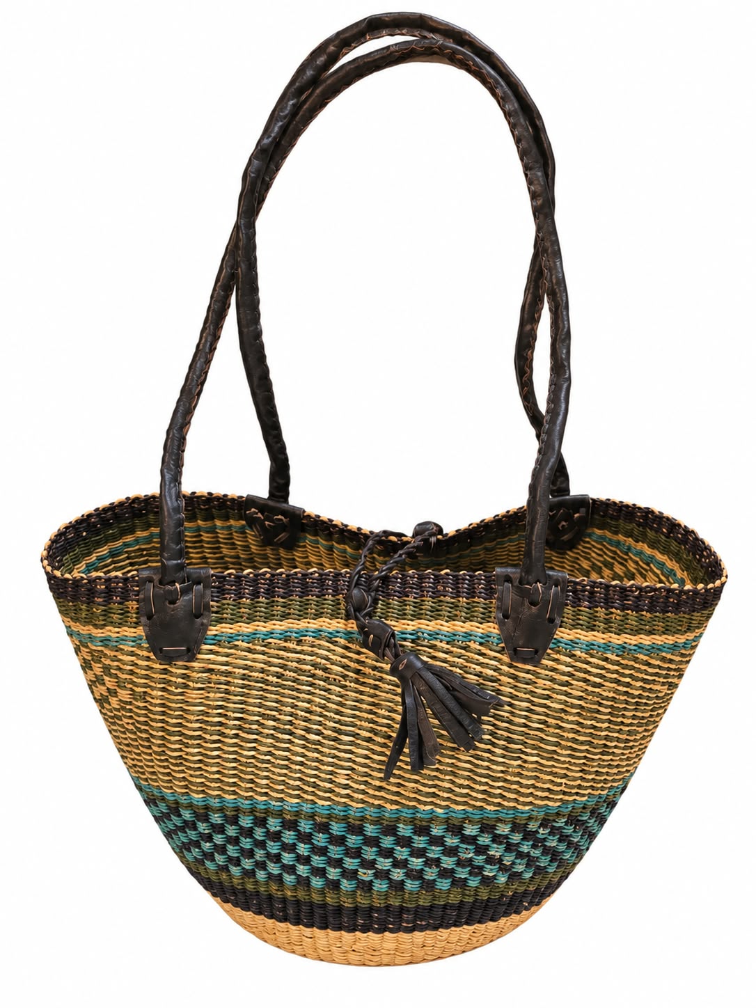 Teal Harmony woven African basket with dark handles and teal bands
