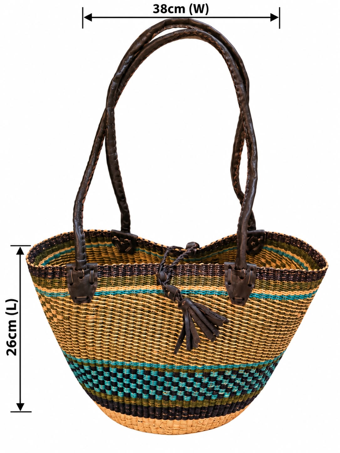 Teal Harmony basket measuring 38 cm wide and 26 cm high