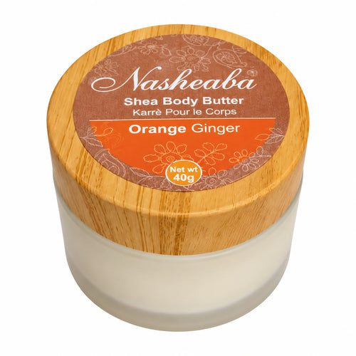 Nasheaba Orange Ginger shea body butter, 40g jar with bamboo lid