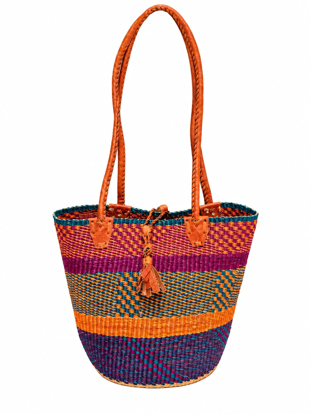 Handmade African small basket Kakun Sunrise in orange, magenta, teal and purple stripes