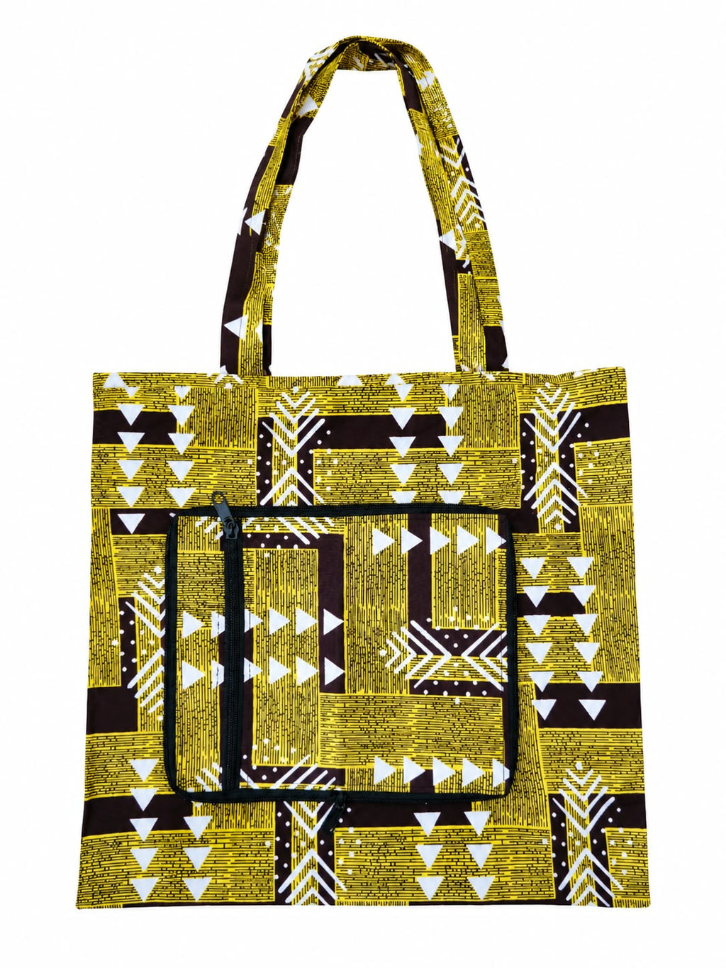 Akosombo Gold small African-print shopping bag open, in yellow, brown and white