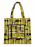 Akosombo Gold small African-print shopping bag open, in yellow, brown and white