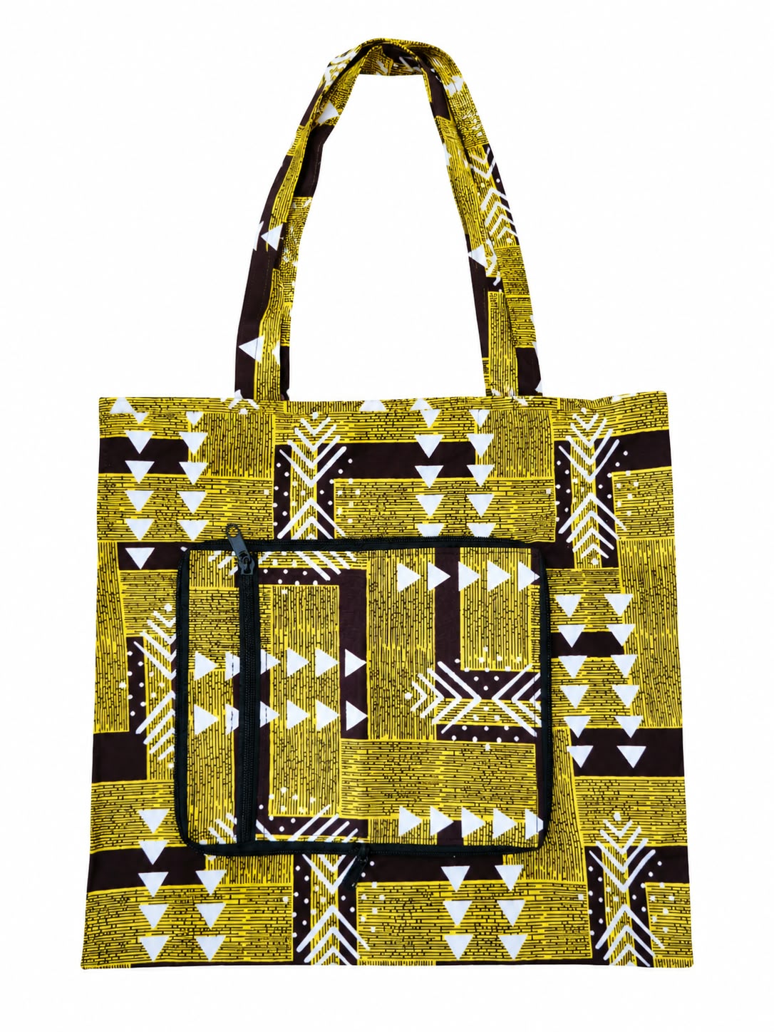 Akosombo Gold small African-print shopping bag open, in yellow, brown and white