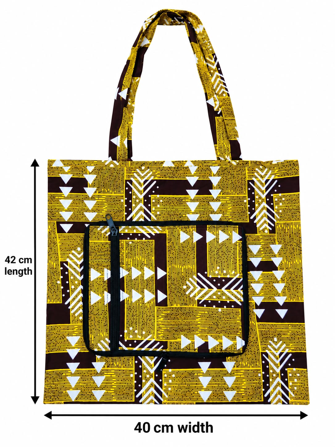 Akosombo Gold small bag measuring 40 cm wide and 42 cm tall excluding handles