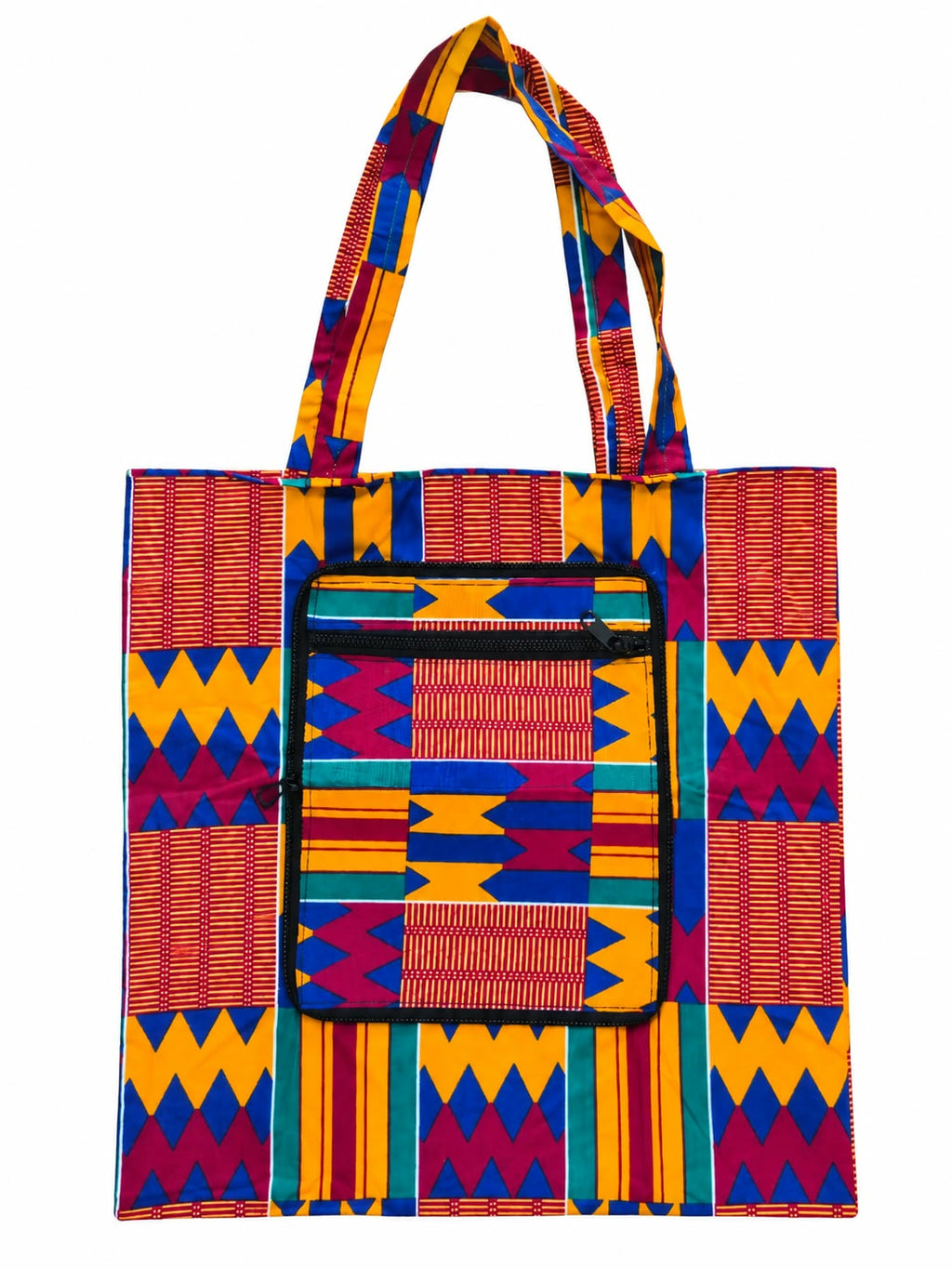 Kumasi Carnival small African-print shopping bag open in yellow, blue, teal and magenta