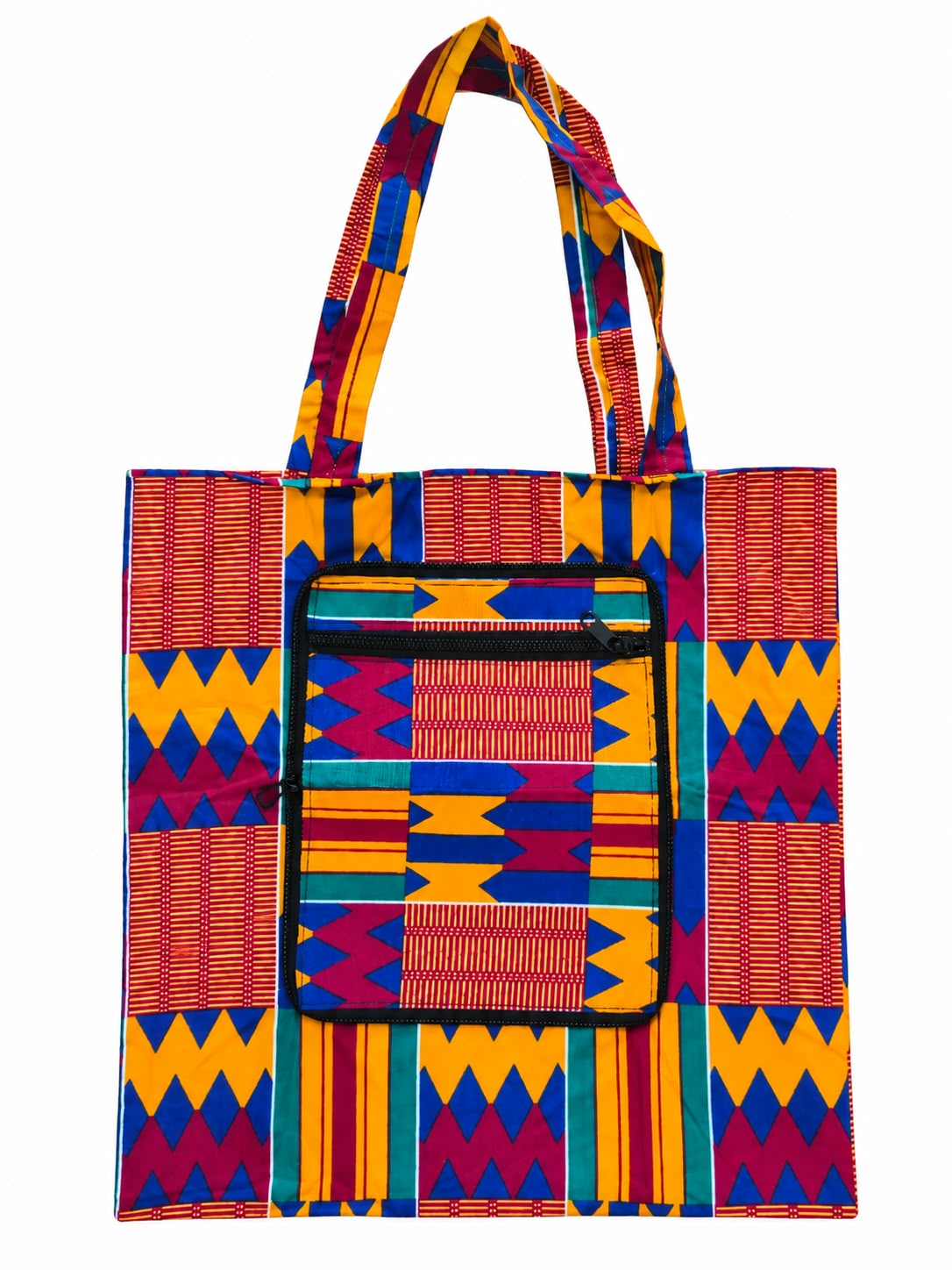 Kumasi Carnival small African-print shopping bag open in yellow, blue, teal and magenta