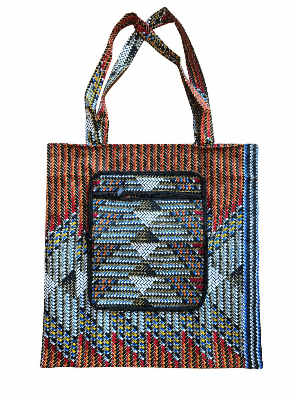 Tamale Mosaic small African-print shopping bag open, with multicoloured interlocking shapes