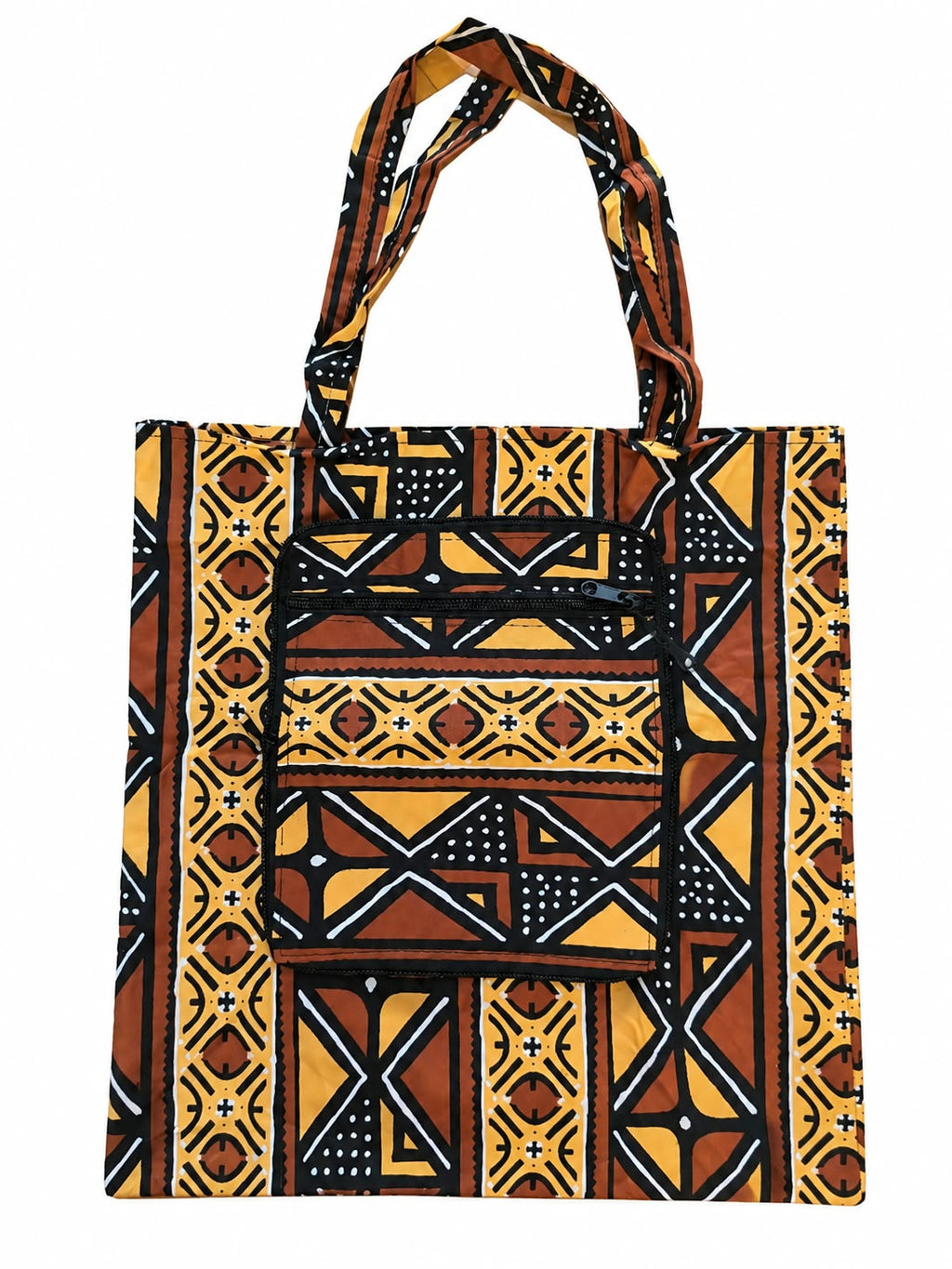 Cape Coast Amber small African-print shopping bag open in amber, rust, black and white