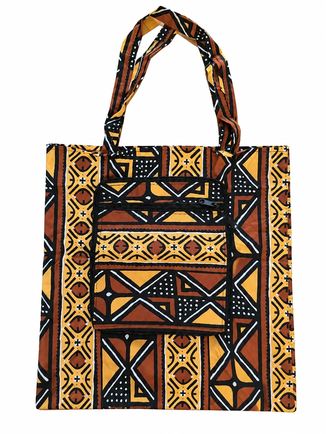 Cape Coast Amber small African-print shopping bag open in amber, rust, black and white
