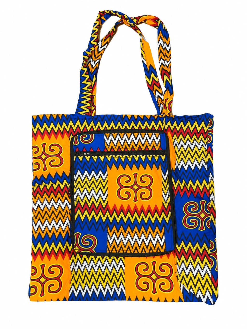 Accra Rhythm small African-print shopping bag, open, with blue and golden-yellow panels and red accents