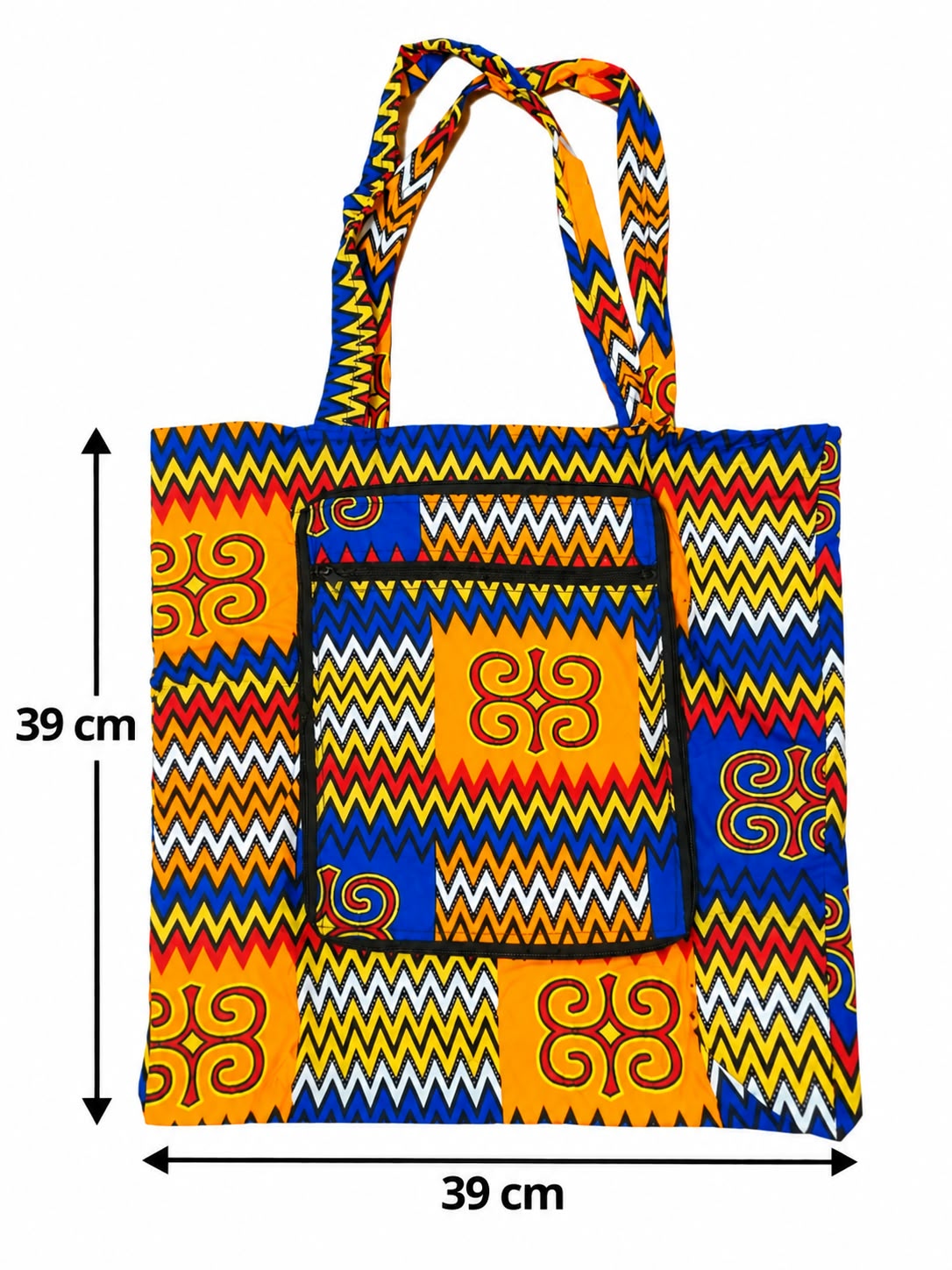 Accra Rhythm shopping bag measuring 39 cm wide and 39 cm tall, excluding handles