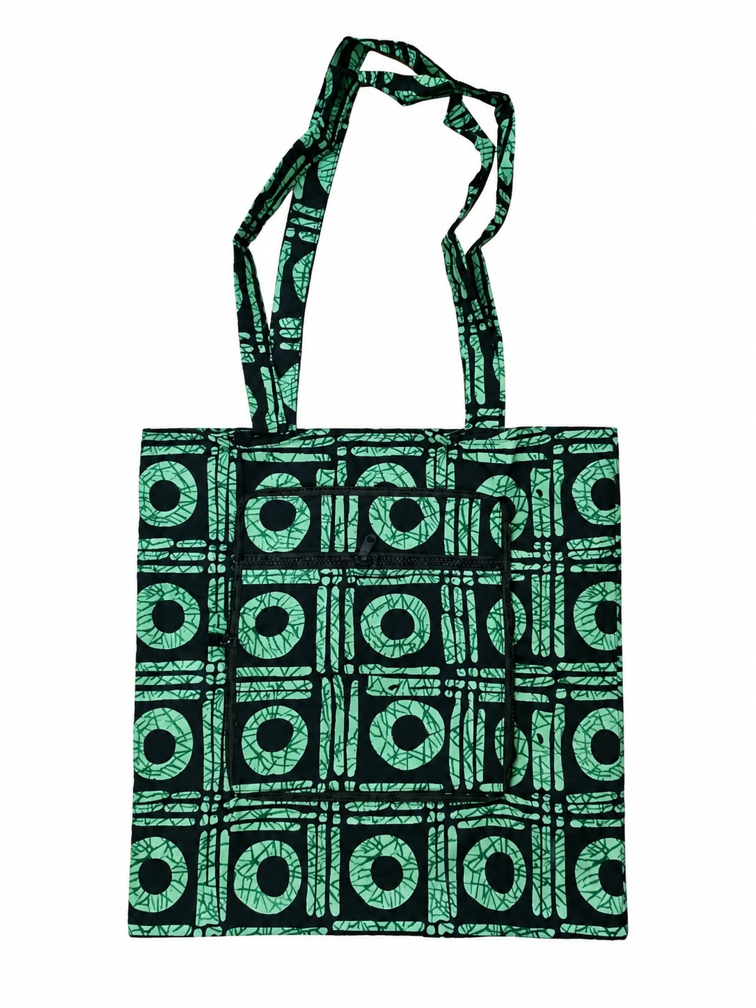 Aburi Jade small African-print shopping bag, open, with mint-green circular motifs on black