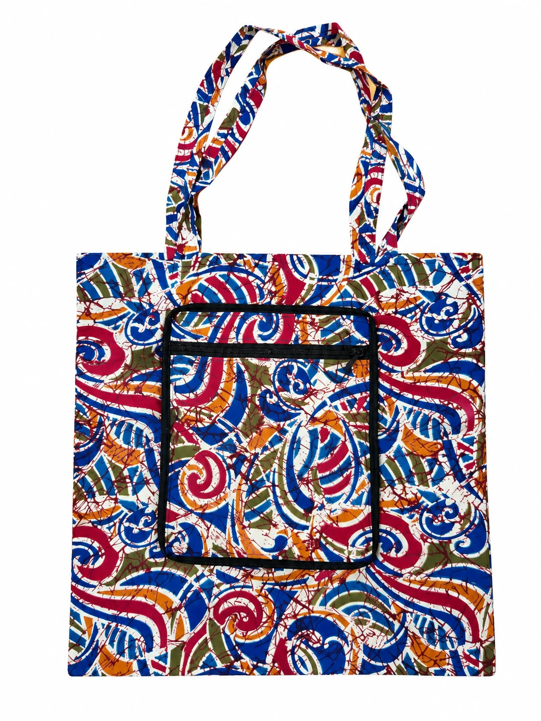 Elmina Swirl small African-print shopping bag, open, with blue and red swirls and orange and olive accents