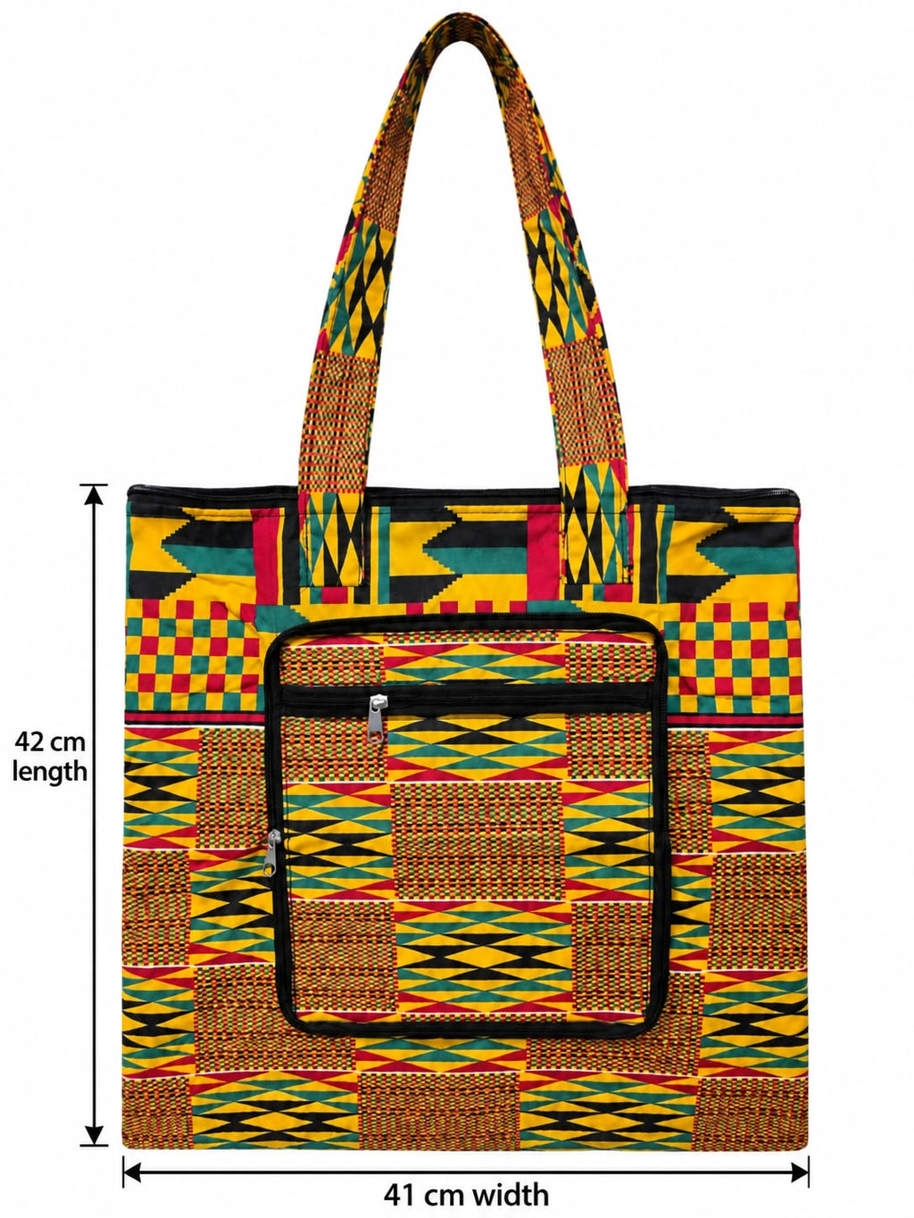 Kente Sunrise African-print shopping bag measuring 41 cm wide and 42 cm tall, excluding handles