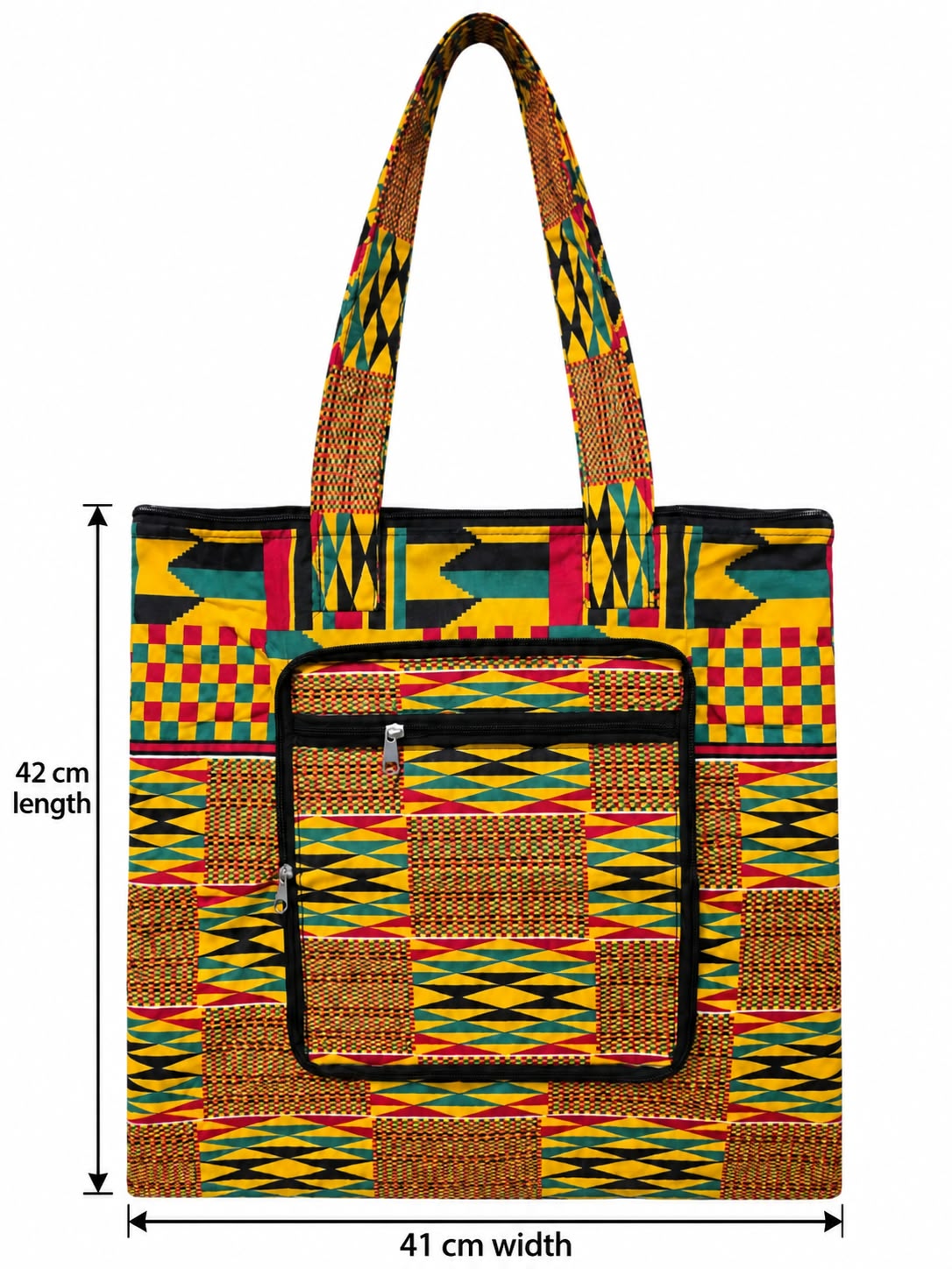 Kente Sunrise African-print shopping bag measuring 41 cm wide and 42 cm tall, excluding handles